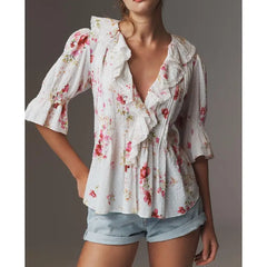 Ruffle Trim Swiss Dot Blouse