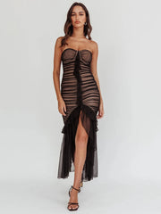 Draped Lace Strapless Midi Dress