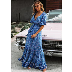 Blue Floral Deep V Neck Loose Boho Dress