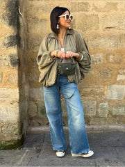 Satin Pleated Bomber Zipper Coat