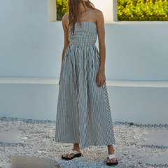 Striped Strapless Flowy Tube Midi Dress