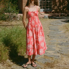 Lace-up Floral Midi Cami Vacation Dress