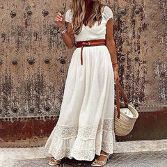 Floral Lace Embroidery Belted Boho Dress