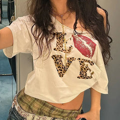 Leopard Letter Loose Street V-neck T-shirt