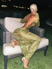 Deep V Ribbon Slit Halter Maxi Dress