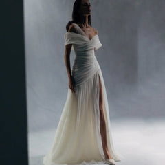 A Line Off Shoulder High Split Tulle Prom Dress