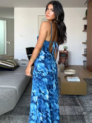 Blue Print Halter Lace-up Vacation Dress