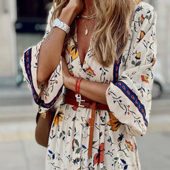 V-neck Floral Casual Loose Short Sleeve Boho Dress