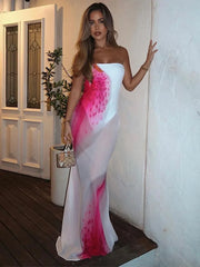 Mesh Floral Print Off-shoulder Strapless Vacation Dress