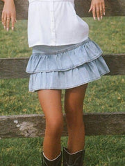 Denim Wash Ruffle A-line Mini Skirt