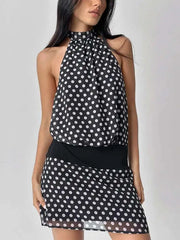 Polka Dot Patchwork Halter Mini Dress