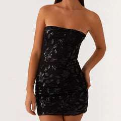Sequin Strapless Glitter Floral Dress