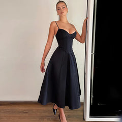 Solid Corset Long Suspender Black Prom Dress