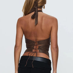 Brown Retro Lace Up Crop Top