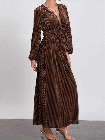 2024 Elegant Women Spring Fall Velvet   Sleeve Deep V Neck Solid Color A-Line Vintage Female Vestidos