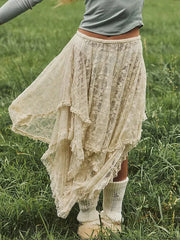 Lace Elastic Irregular Midi Skirt
