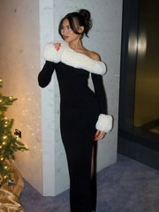 Plush Slit Skew Collar Maxi Dress