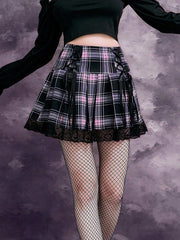 Pink Plaid Lace Pleated Mini Skirt