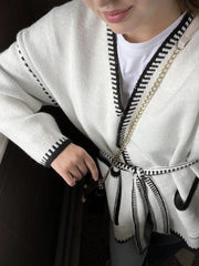 Lace-Up Patchwork Knit Coat