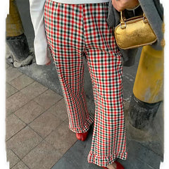 Ruffled Plaid Flared Casual Pant