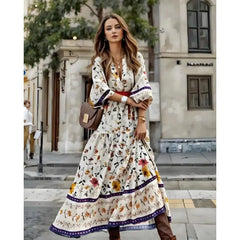 Floral V Neck Polyester Maxi Boho Dress
