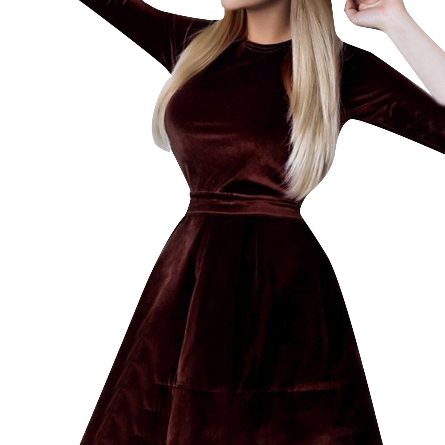 Amy Fashion - Long Sleeve Round Neck Waist Fashion Velvet Dress