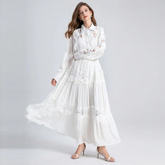 White Lace Maxi Skirt Blouse Set Casual Boho Dress