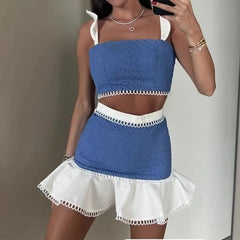 Flying Sleeve Colorblock Skirt Two Piece Set