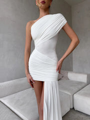Draped One Shoulder Ruched Mini Dress