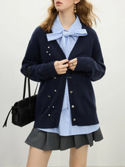 Wool Navy V-neck Beaded Knit Cardigan