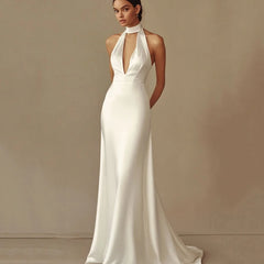 A Line Backless Simple Halter Prom Dress