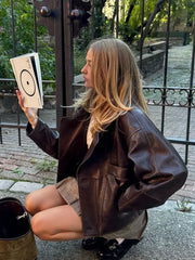 Burgundy Faux Leather Pocket Coat