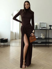 Turtleneck Draped Sleeve Split Bodycon Dress