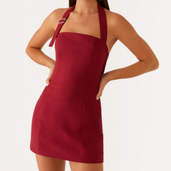 Solid Color Buckle Halter Bodycon Dress
