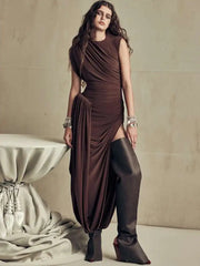 Ruched Draped Hollow Out Midi Dress