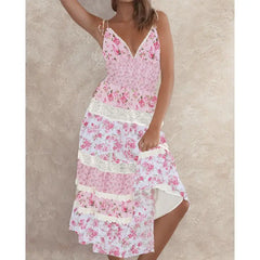 Lace Trim V-Neck Floral Vacation Dress