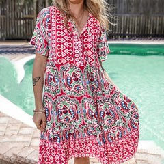 Loose Fit V Neck Ethnic Print Boho Dress