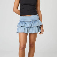Side Zipper Ruffle Denim Mini Skirt