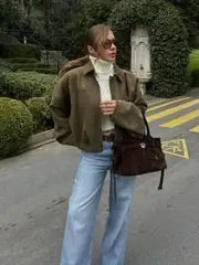 Green Suede Zipper Bomber Coat