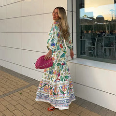 Deep V Neck Puff Sleeve Floral Printed Boho Dress