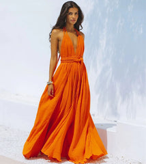 Deep V Neck Backless Rope Lace-up Boho Dress