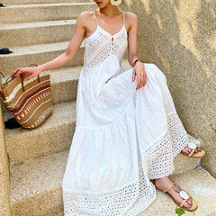 Sleeveless Backless White Cotton Boho Dress