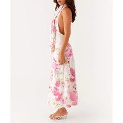 Cowl Neck Floral Halter Vacation Dress