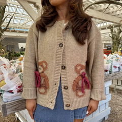 Bear Print Round Neck Button Knit Cardigan
