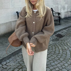 Solid Round Neck Single Breasted Cardigan