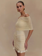 Mesh Strapless Ruffled Mini Bodycon Dress