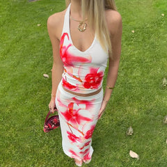 Backless Halter Maxi Skirt Two Piece Set