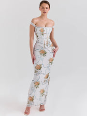 Off Shoulder Backless Maxi Floral Dress
