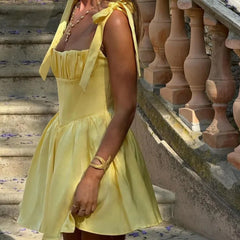 Yellow Halter Belt Pleated Mini Dress