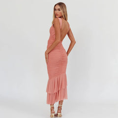 Pink Sheath Backless Sleeveless Ruffled Prom Dress